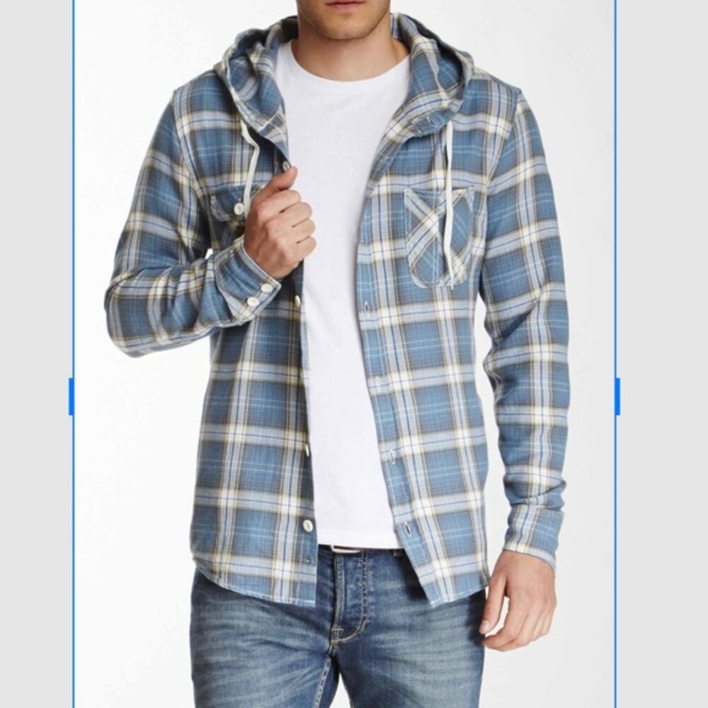 JNCO Shirt Mens 2XL‎ Blue Plaid Flannel Hooded Long Sleeve Button Pockets